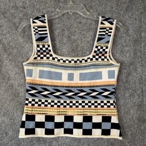 Vtg Sweater Tank Top Womens Medium Square Neck 90s Clueless Geometric Crop Retro
